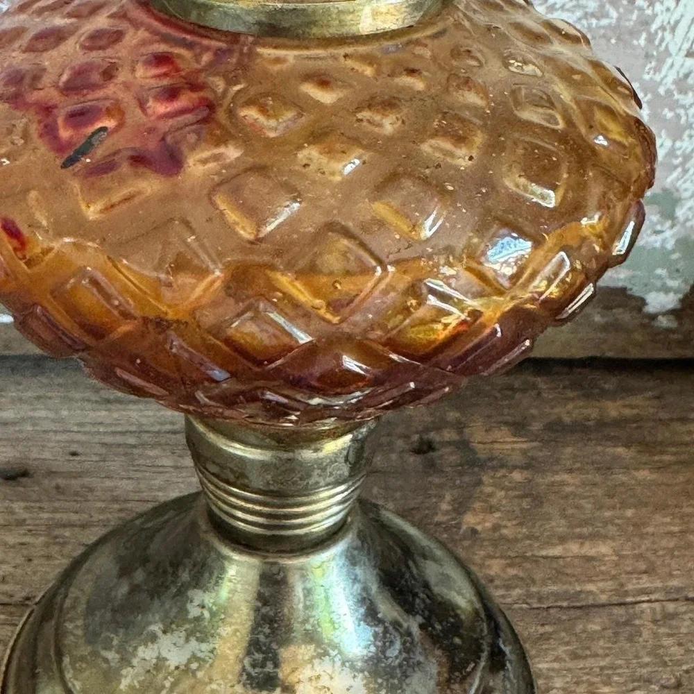 Vintage Amber Glass Miniature Oil Lamp‎ Ruffled Chimney Hobnail Base 9.5 Inch